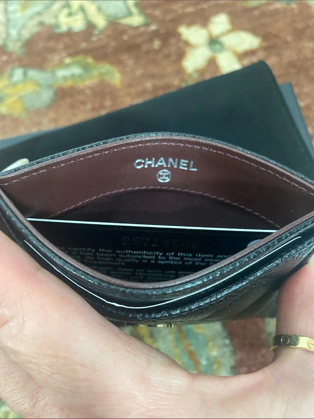 CHANEL Black Quilted Caviar Leather Card Holder with Silver CC logo